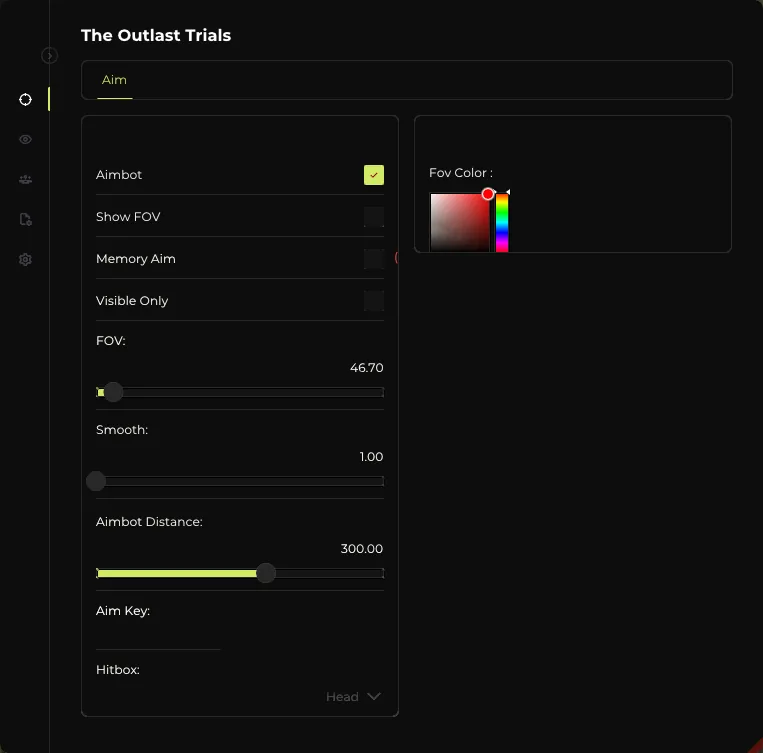 Elysium menu Aim tab: enable aimbot, memory aim, visible only check, FOV size and hitbox selection for The Outlast Trials