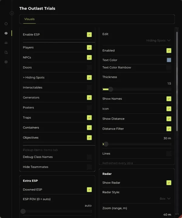Elysium Outlast cheat menu - Visuals ESP