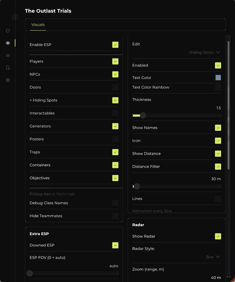 Elysium menu Visual tab: player and enemy ESP with enemy state, downed player, corpse and door toggles