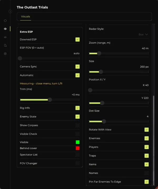 Elysium Outlast cheat menu - Extra ESP and Radar
