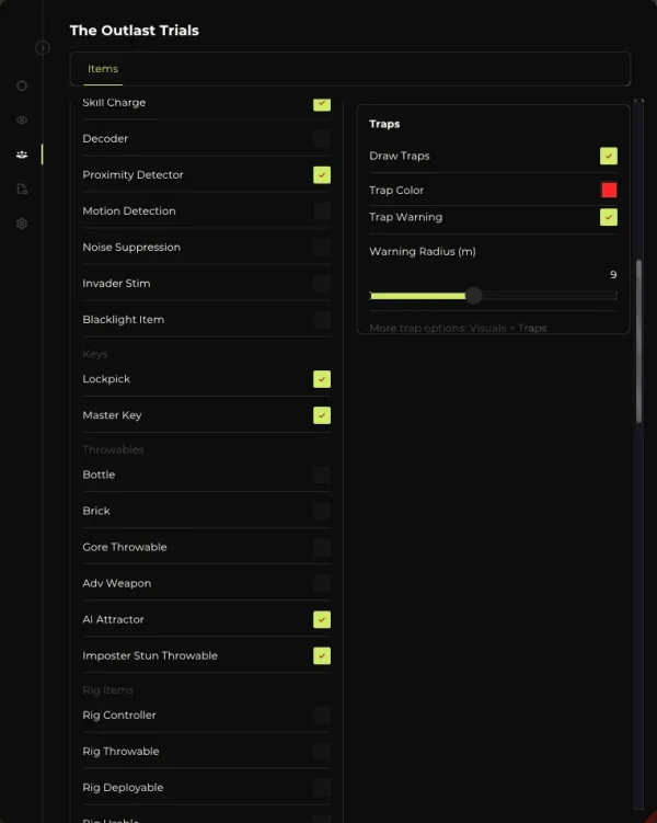 Elysium Outlast cheat menu - Item ESP tools and Traps