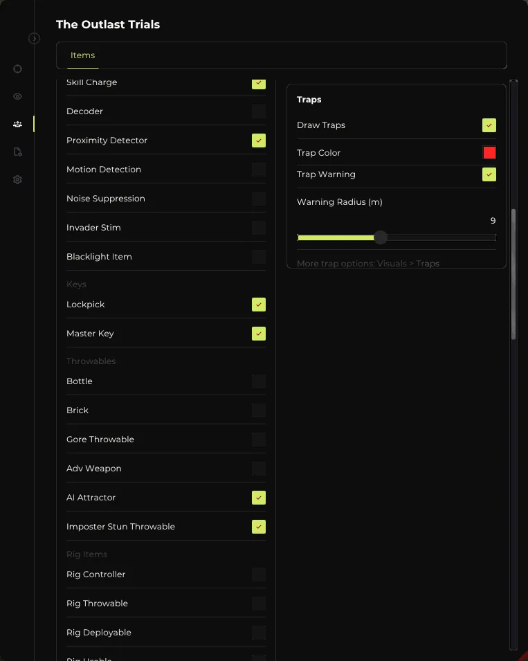 Elysium menu Item ESP tab: health items, antidote, batteries and skill charge pickup toggles