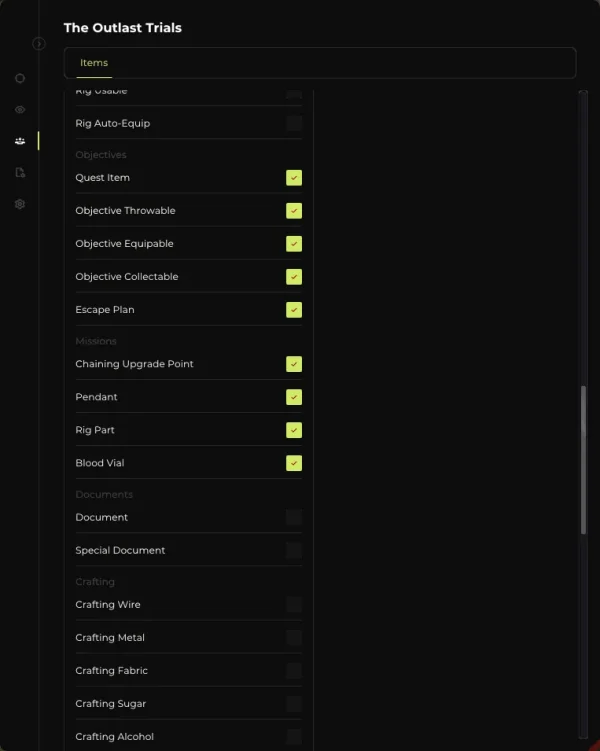 Elysium Outlast cheat menu - Item ESP objectives and missions