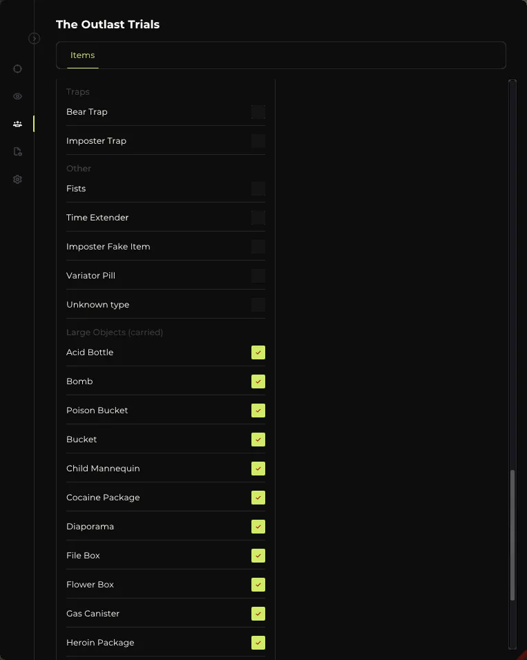 Elysium menu Player tab: infinite stamina, infinite night vision, speed hack and trap warning options