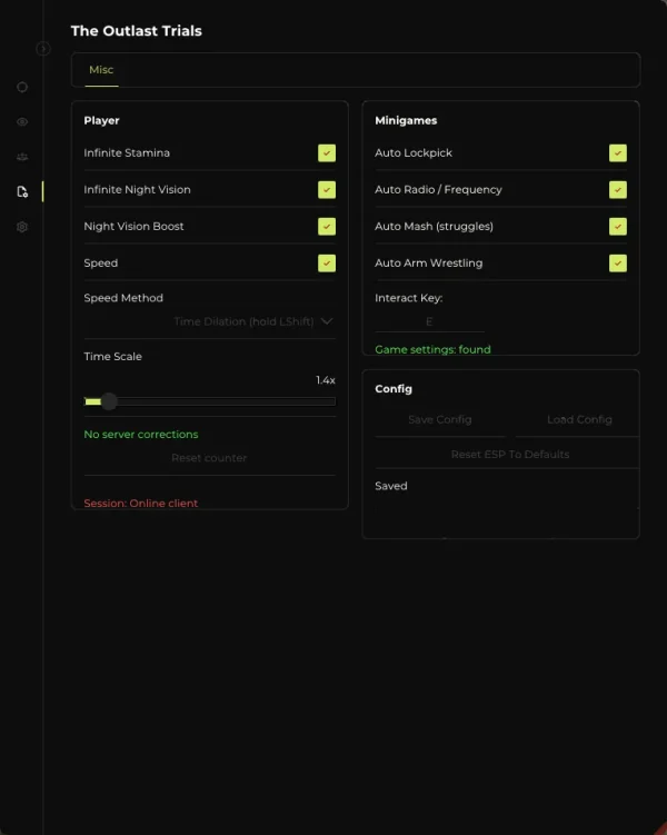 Elysium Outlast cheat menu - Misc and Minigames